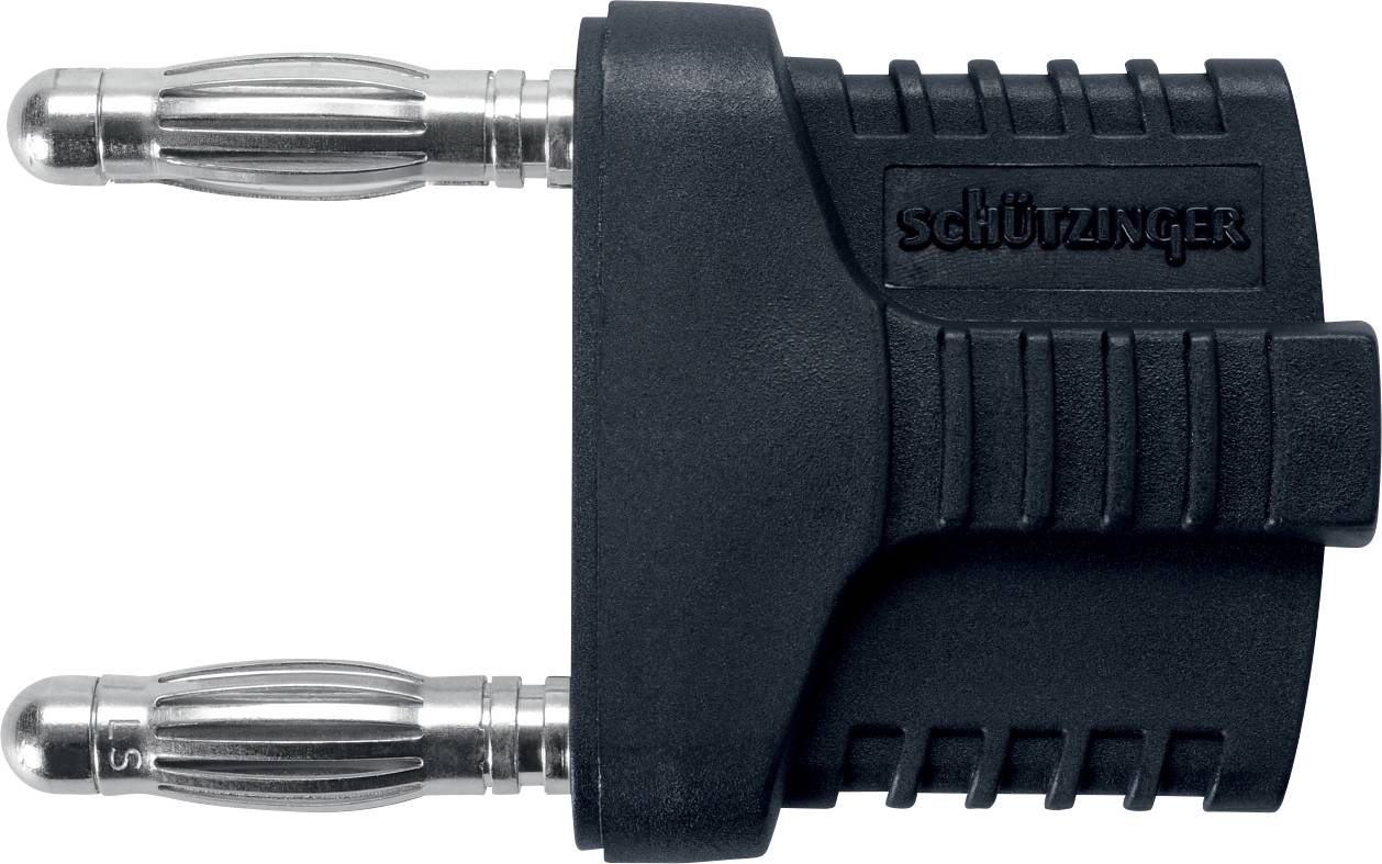 Ein schwarzer Adapterstecker mit zwei silbernen Kontaktstiften und dem Markennamen 'Schützinger' eingeprägt.