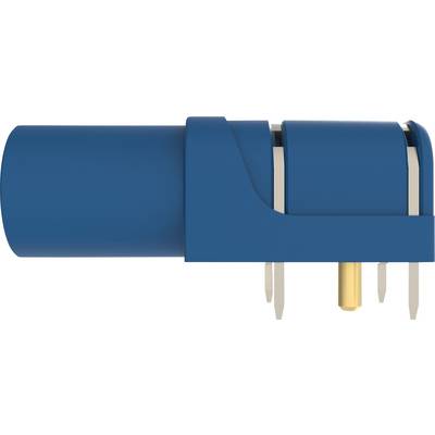 Blauer medizinischer Autoinjektor mit sichtbarer Nadel und Halterung, horizontal ausgerichtet und zur Verabreichung vorbereitet.