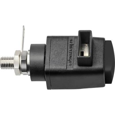 Schwarzer Kunststoffstecker mit Metallgewinde und Beschriftung auf der Seite, wahrscheinlich ein elektrischer oder mechanischer Anschluss.