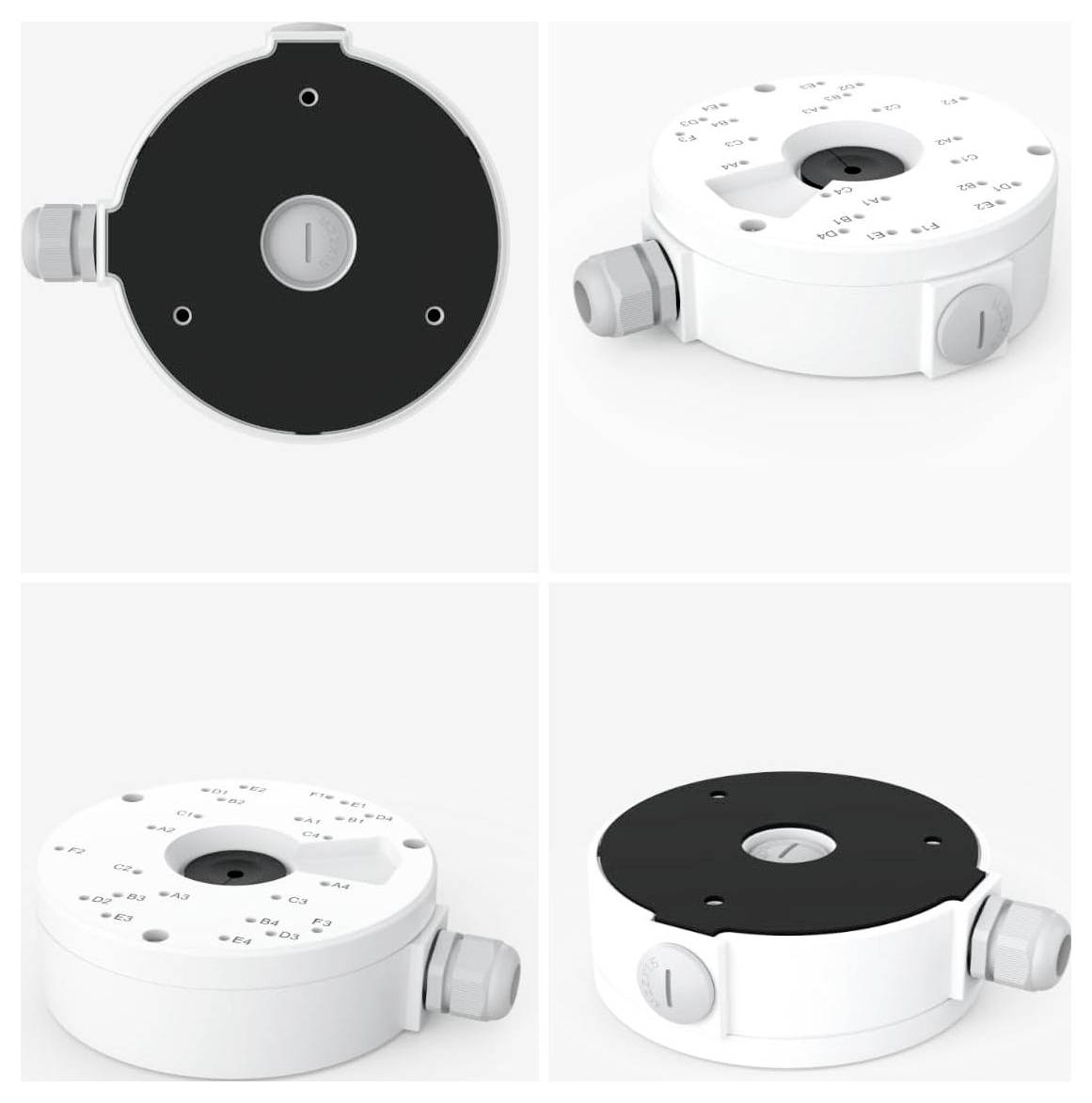 Vier Ansichten einer runden weißen Kamera-Anschlussdose mit Seitenöffnungen und Befestigungslöchern, die verschiedene Winkel und Konfigurationen zeigen.
