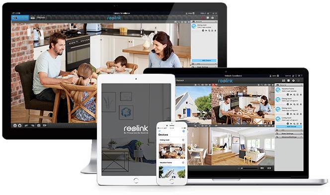Tablets und Computer zeigen eine Überwachungs-App mit Live-Video. Nutzer sehen Aufnahmen von Räumen und Außenbereichen in Echtzeit.