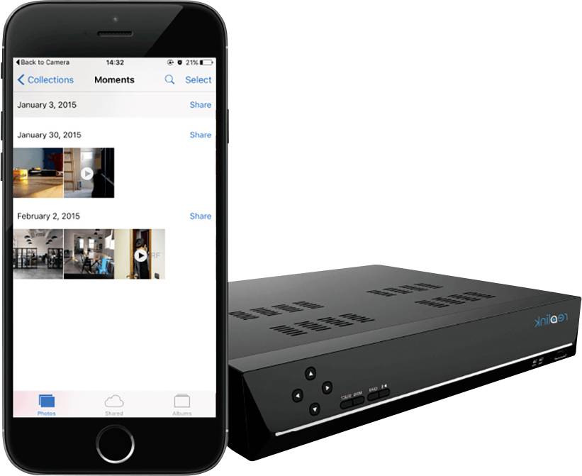 'Foto eines Smartphones mit einer Galerieansicht links und einem schwarzen digitalen Videorekorder (DVR) rechts nebeneinander.'