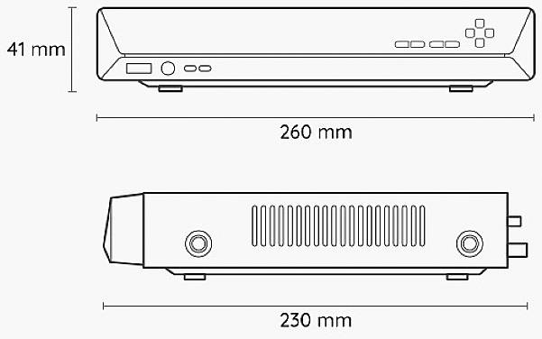 'Diagramm eines elektronischen Geräts mit Abmessungen: 41 mm Höhe, 260 mm Breite, 230 mm Tiefe.'