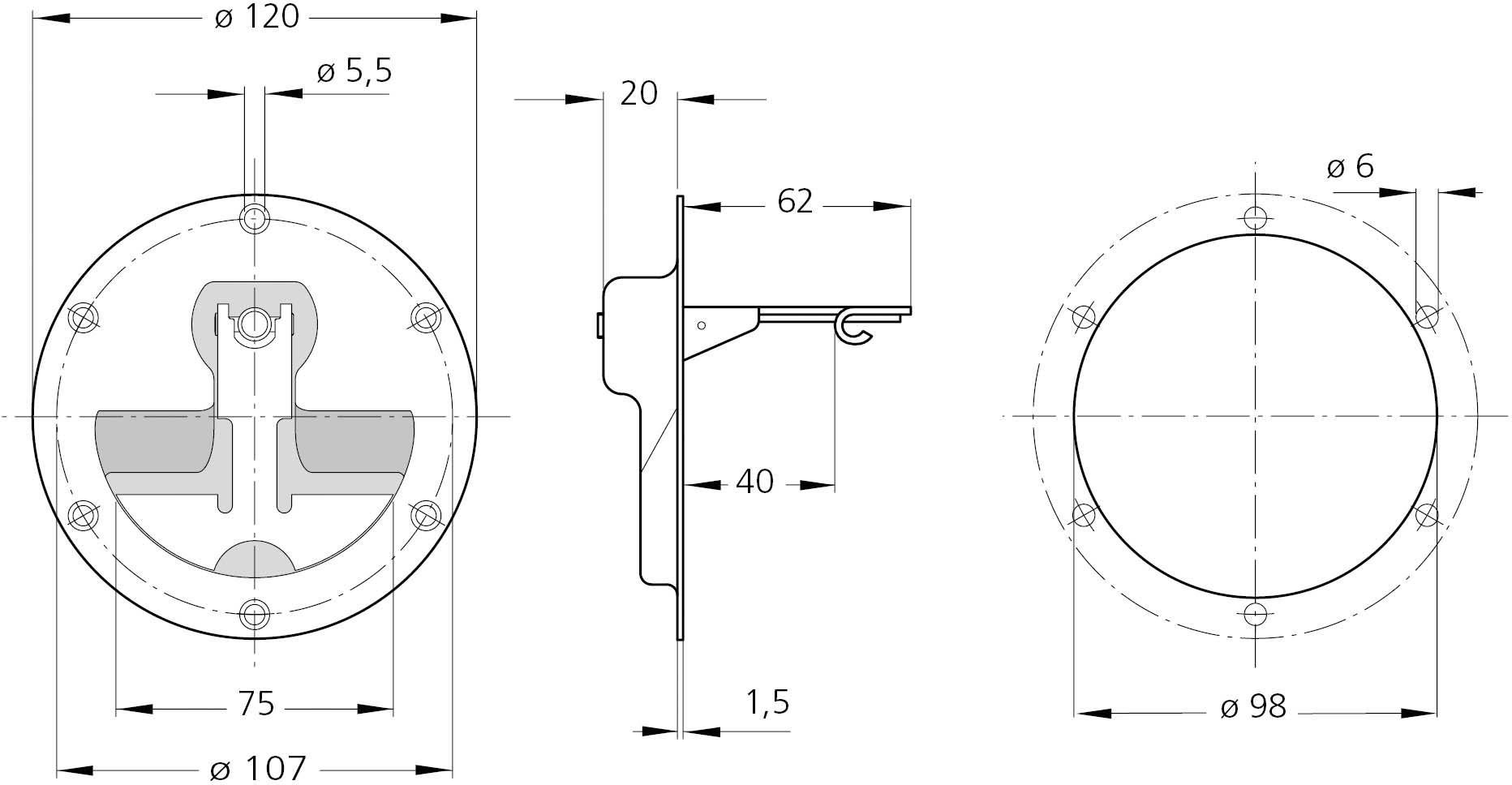 Technische Zeichnung eines runden Bauteils mit Durchmessern, Bohrungen und Seitenansicht mit Tiefenangabe.