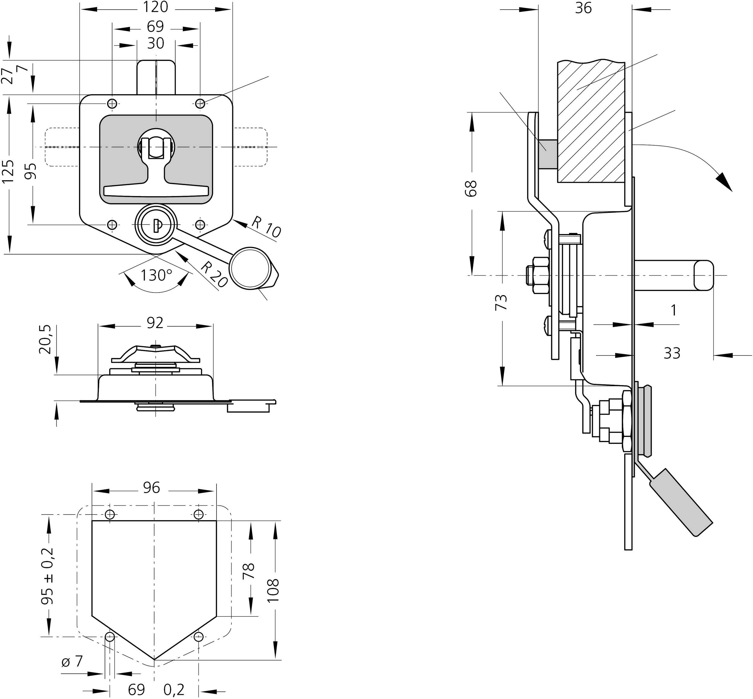 Technische Zeichnung eines Schlossmechanismus mit Maßen in Millimetern, zeigt Ansichten von vorne und der Seite, Fokus auf Befestigungspunkte.