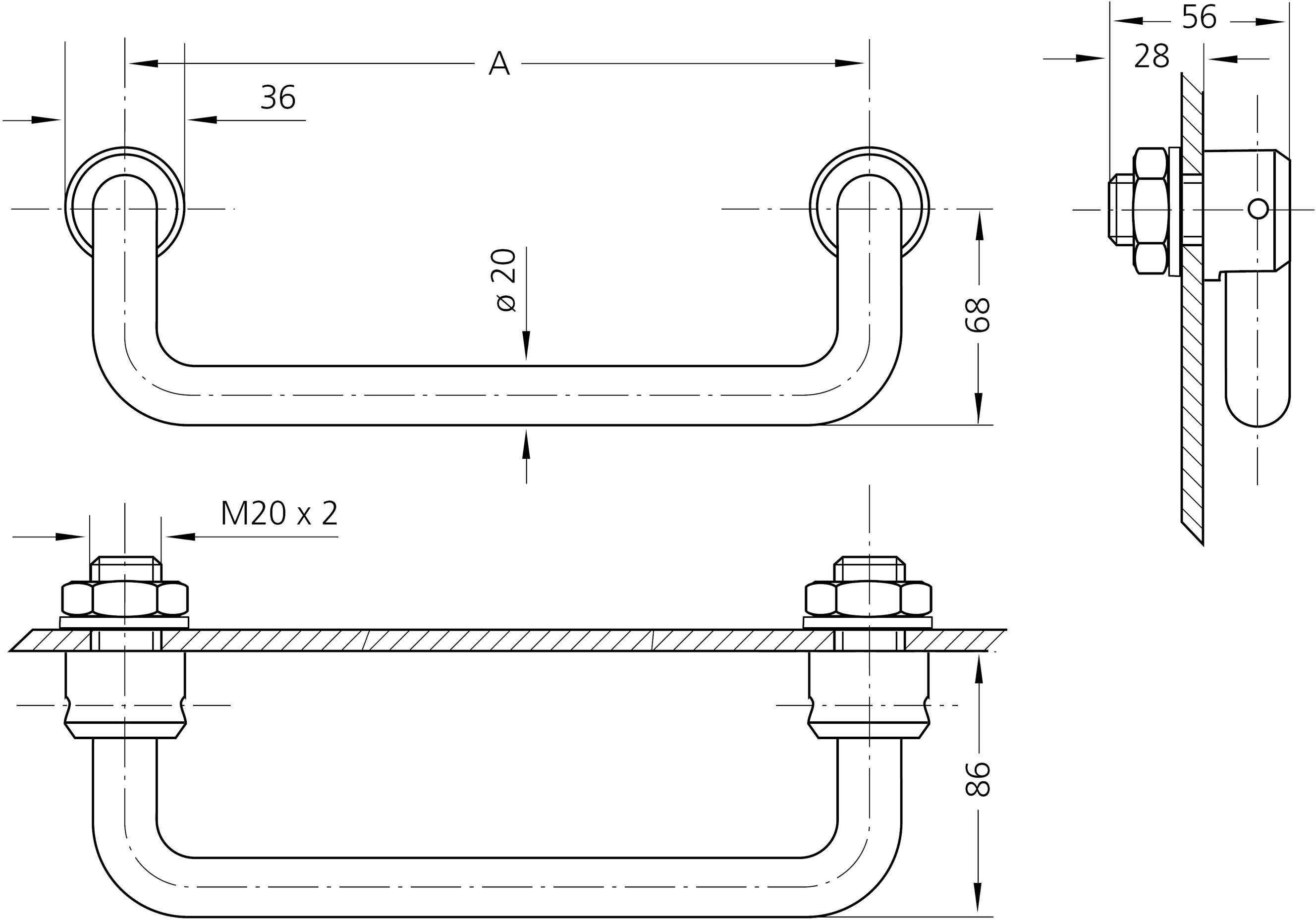 Technische Zeichnung eines Metallgriffs mit Maßen: Länge 86 mm, Lochabstand 68 mm, Durchmesser 20 mm. Seiten- und Frontansicht gezeigt.