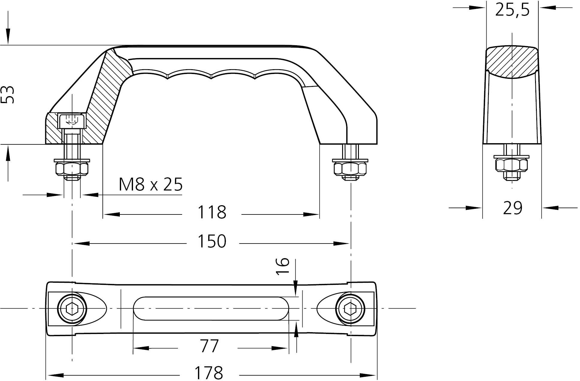 Technische Zeichnung eines Metallgriffs mit Maßen: 150 mm Länge, 53 mm Höhe, 29 mm Breite über den Löchern, M8 Schrauben.