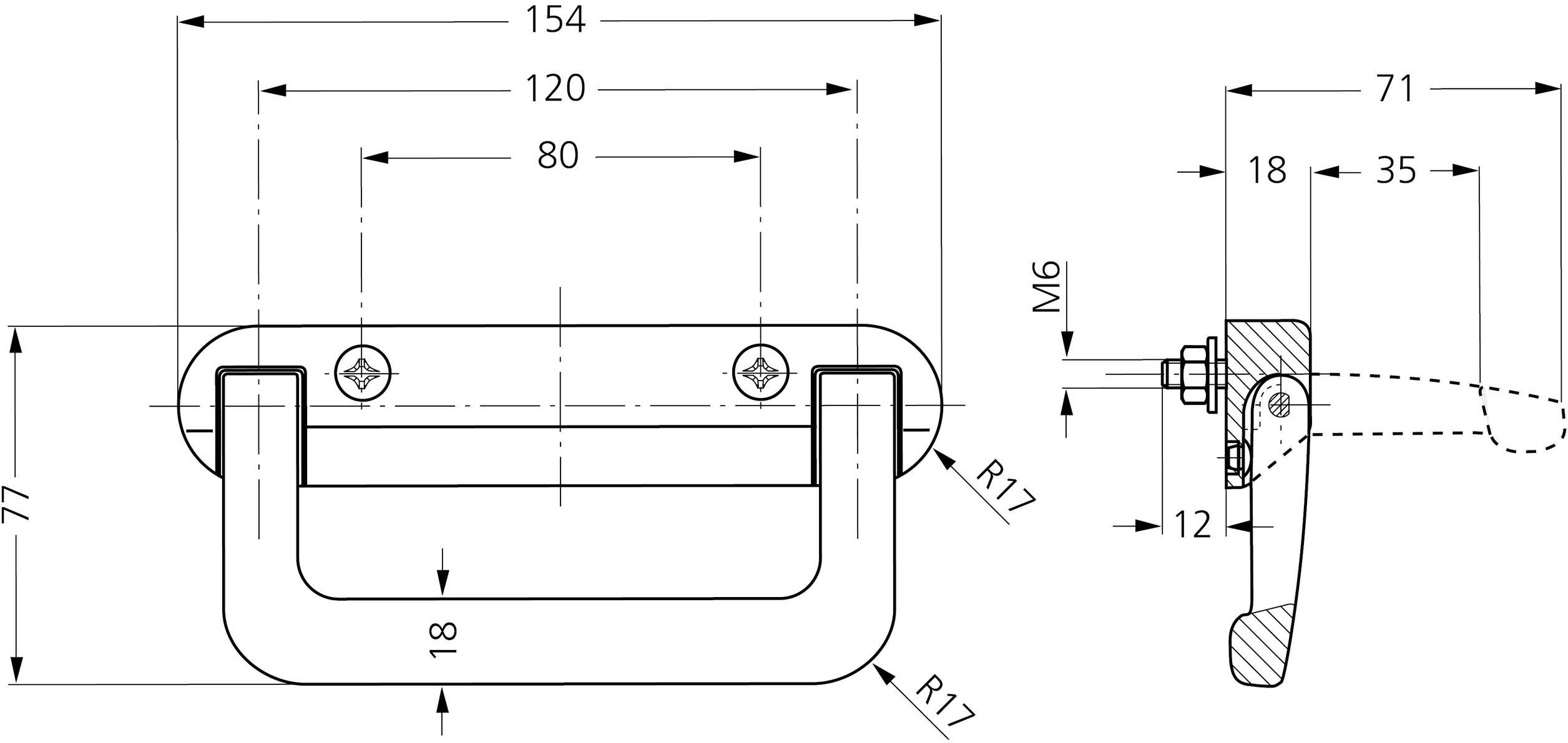 Technische Zeichnung eines Griffs mit Maßen: Breite 154 mm, Griffbreite 120 mm, Tiefe 77 mm, seitliche Ansicht zeigt M6 Schraube.