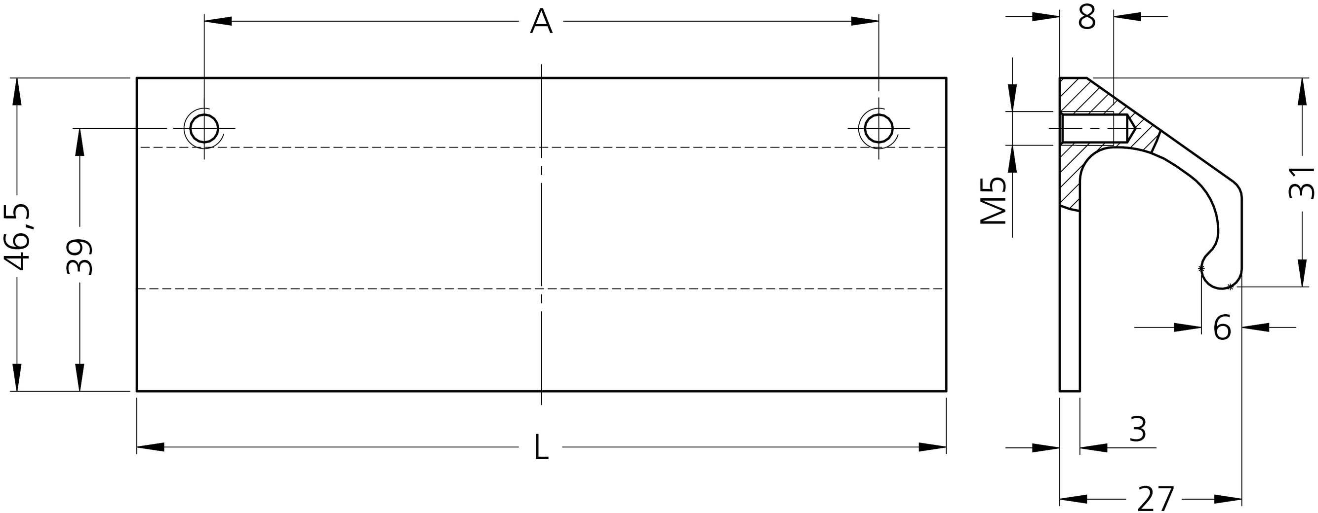 Technische Zeichnung eines rechteckigen Metallwinkels mit Maßen: Breite 39 mm, Höhe 46,5 mm, Schraubenlöcher, seitliche Ansicht M5-Schraube.