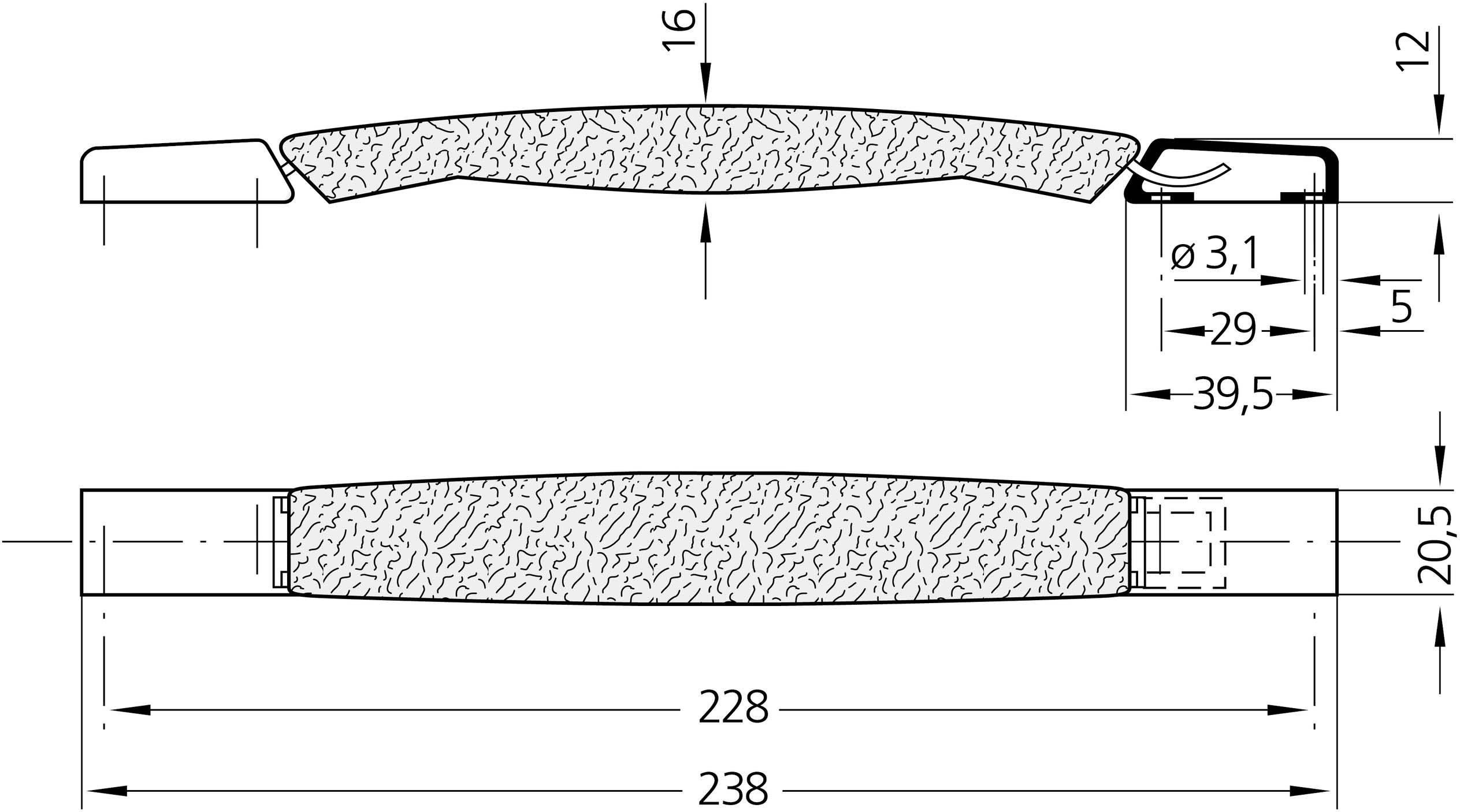 Technische Zeichnung eines Griffs mit Maßen: Länge 238 mm, Höhe 16 mm, mit Detaillierte Abmessungen für Befestigungen, Ø3,1 mm.