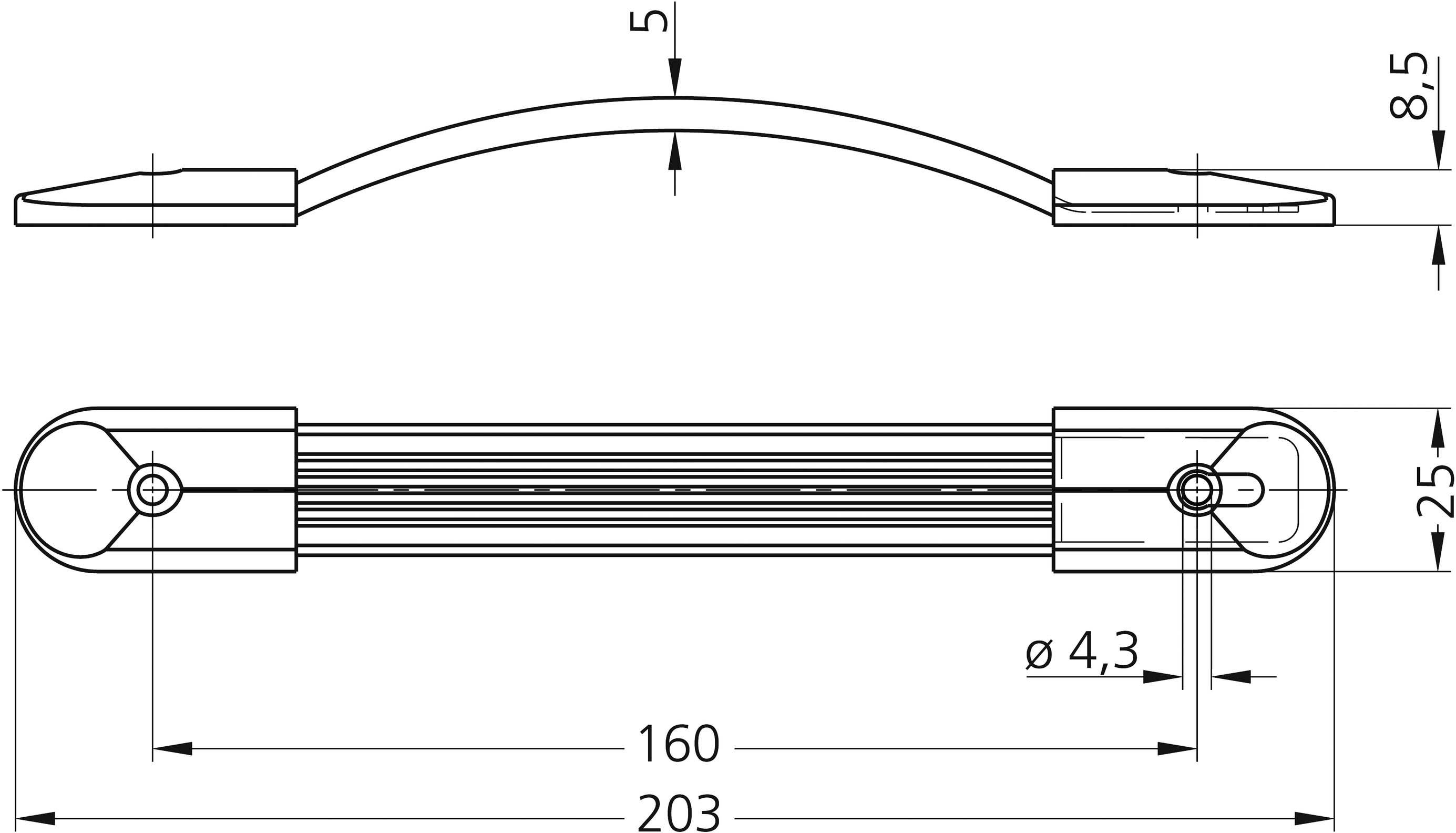 Türgriff Zeichnung mit Maßen: Länge 203 mm, Breite 25 mm, Höhe 8,5 mm. Schraublöcher Durchmesser 4,3 mm, Abstand 160 mm.