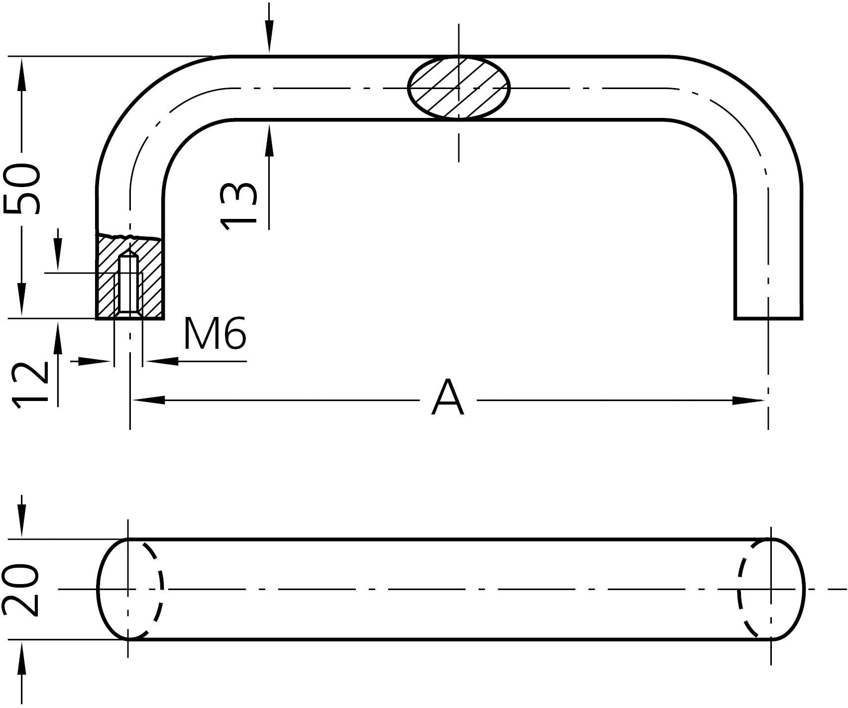 Zeichnung eines U-förmigen Metallgriffs mit Maßen: Höhe 50 mm, Breite 20 mm, Rohrdurchmesser 13 mm, Gewindegröße M6.