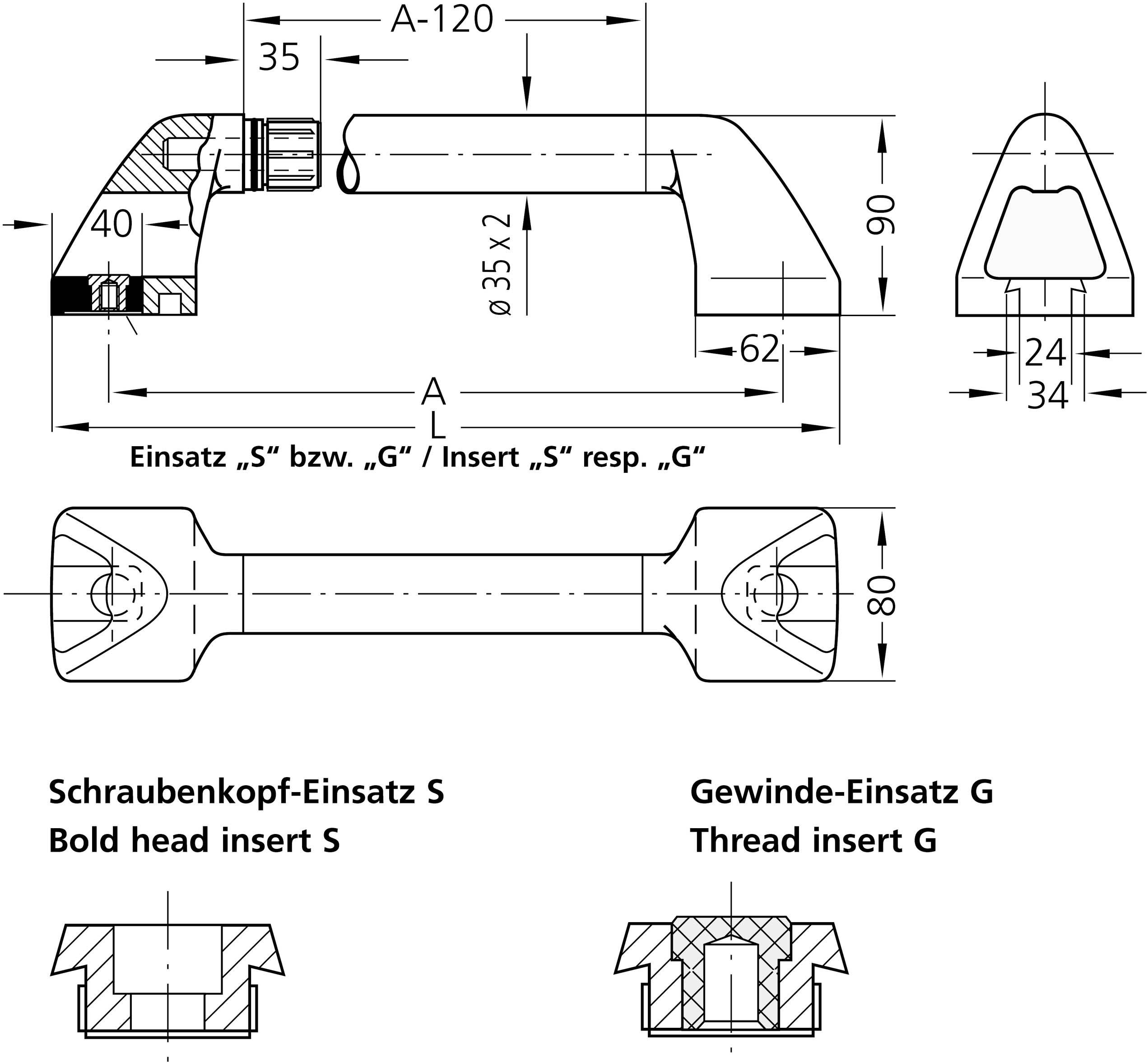Technische Zeichnung eines Türgriffs mit Maßen, Draufsicht und Querschnitten. Beschriftet mit 'Schraubenkopf-Einsatz S' und 'Gewinde-Einsatz G'.