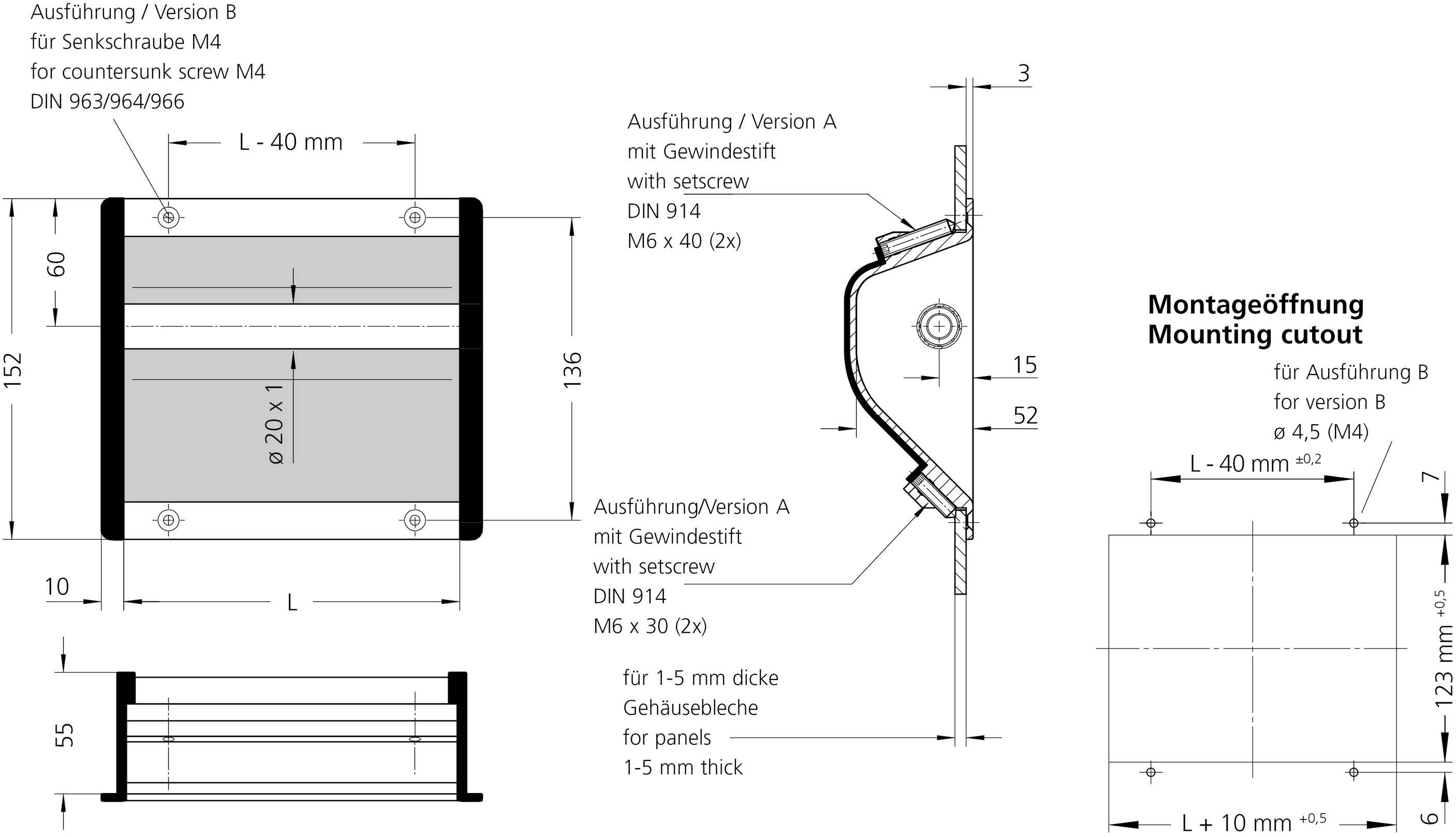 'Technische Zeichnung eines rechtwinkligen Montagewinkels mit Maßen und Montagedetails für Senkschraube und Gewindestift.'