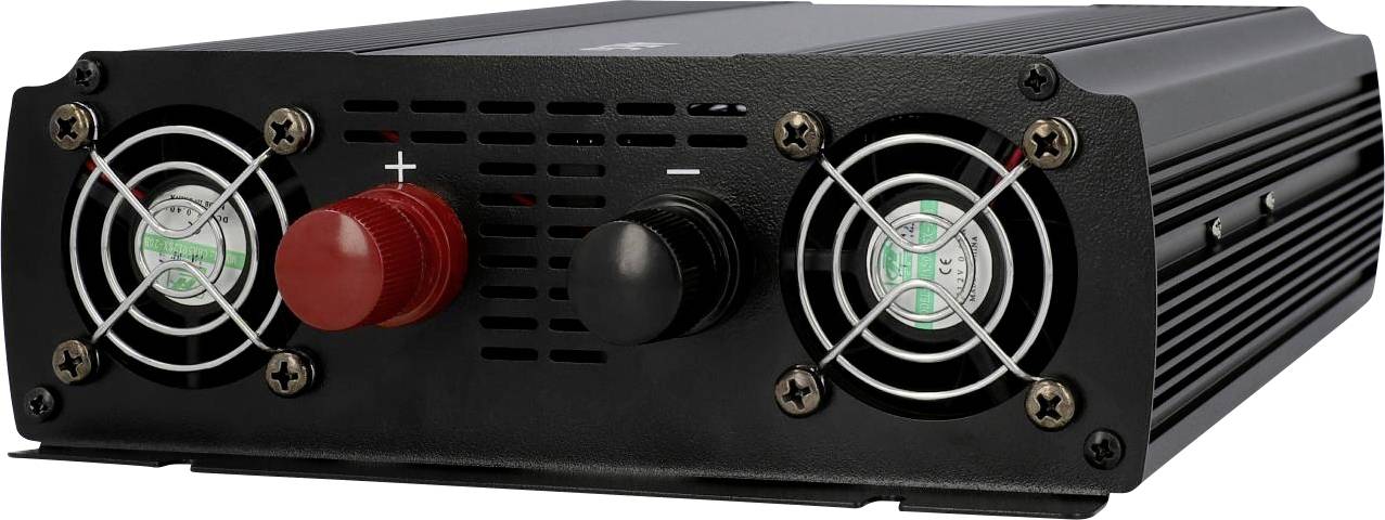 Ein schwarzer elektrischer Spannungswandler mit zwei Lüftern und zwei Anschlüssen (rot und schwarz) auf der Vorderseite.