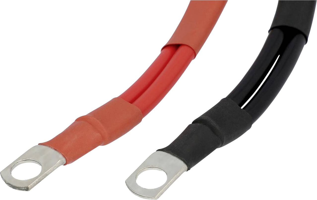 Ein rotes und ein schwarzes Batteriekabel mit Metallösen an den Enden, die für den Anschluss an Batteriepole verwendet werden.
