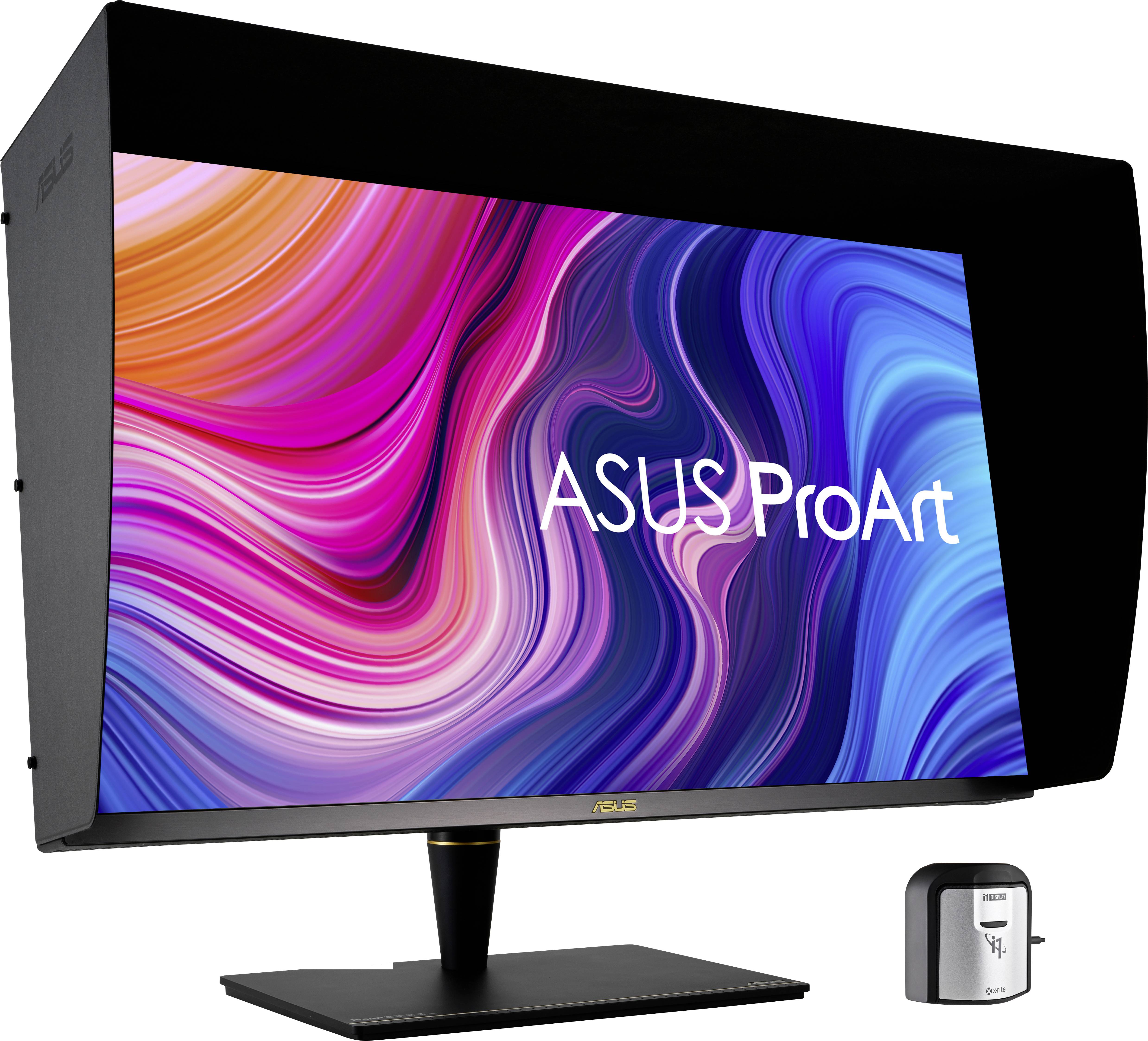ASUS ProArt Monitor mit Farbkalibrierungsgerät, zeigt ein lebendiges, wirbelndes Farbmuster auf dem Bildschirm.