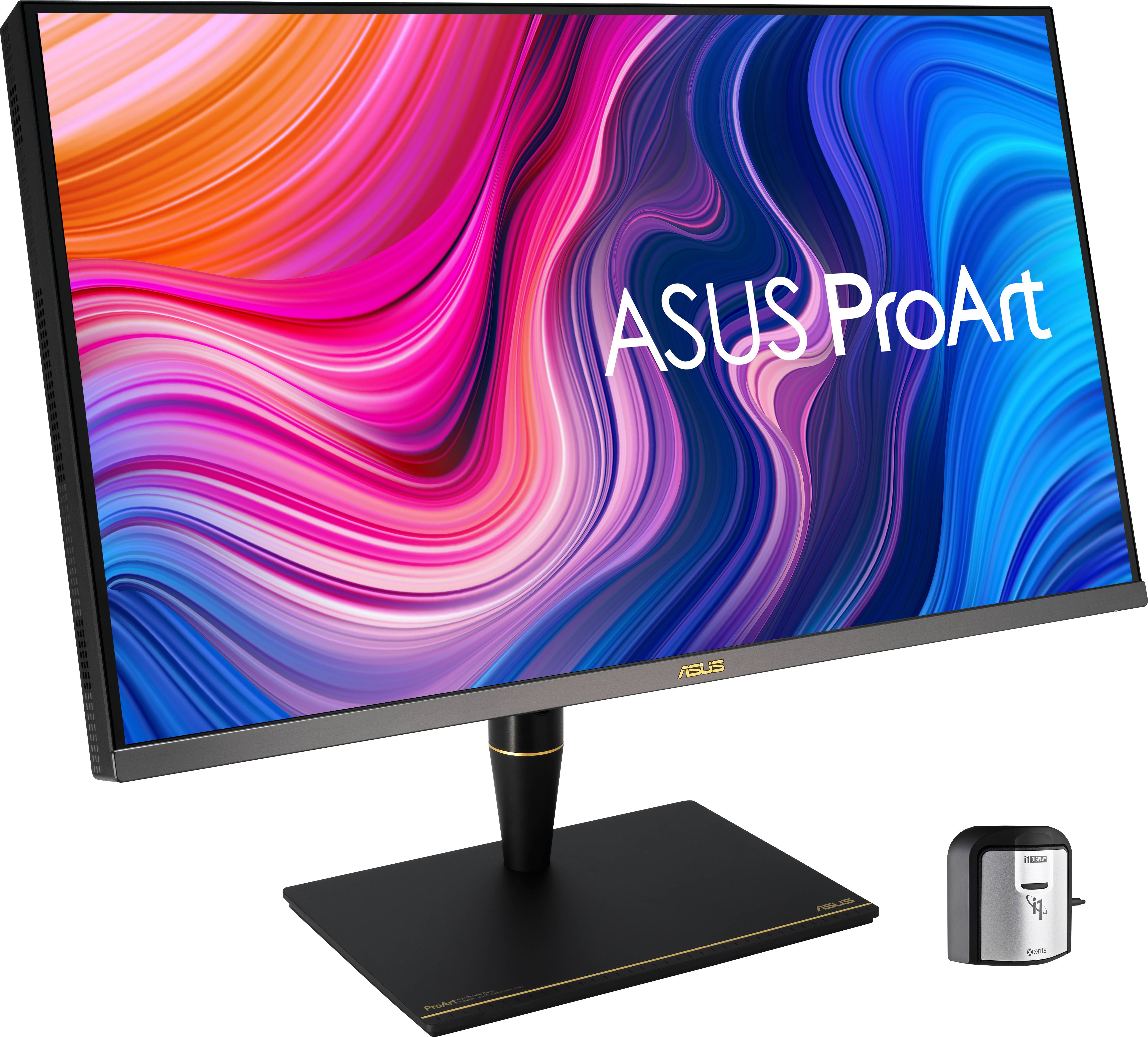 Ein ASUS ProArt Monitor mit farbintensivem Display und einer Abbildung eines kleinen Kalibrierungsgeräts daneben.