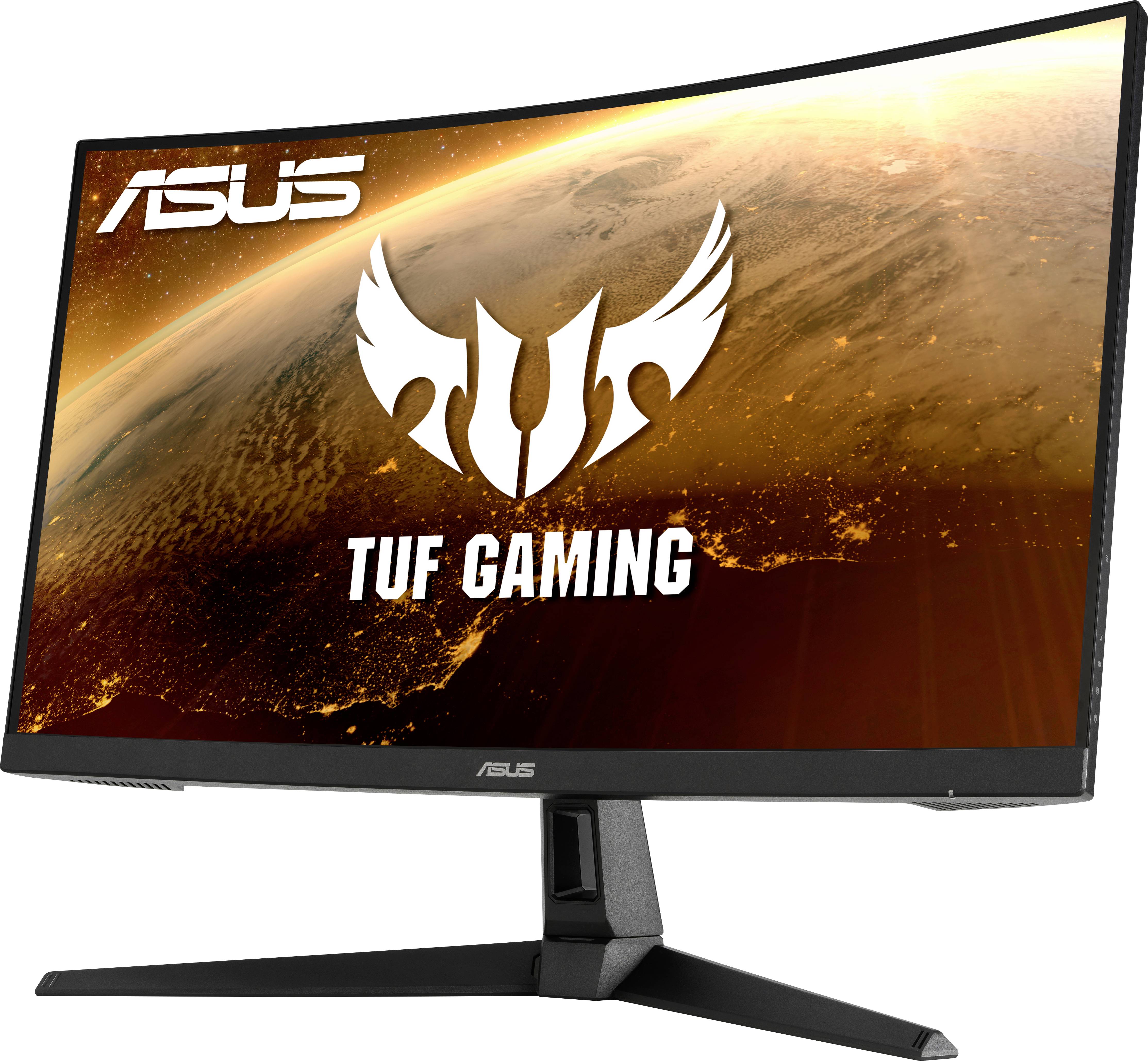 Ein gebogener ASUS TUF Gaming-Monitor mit dynamischem Weltraumhintergrund. Der Monitor ist schräg platziert und zeigt das Logo.
