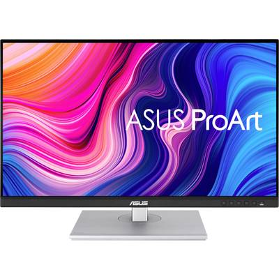 Ein ASUS ProArt-Monitor mit lebhaften, bunten Wellenmustern auf dem Bildschirm, ideal für kreative digitale Arbeiten.