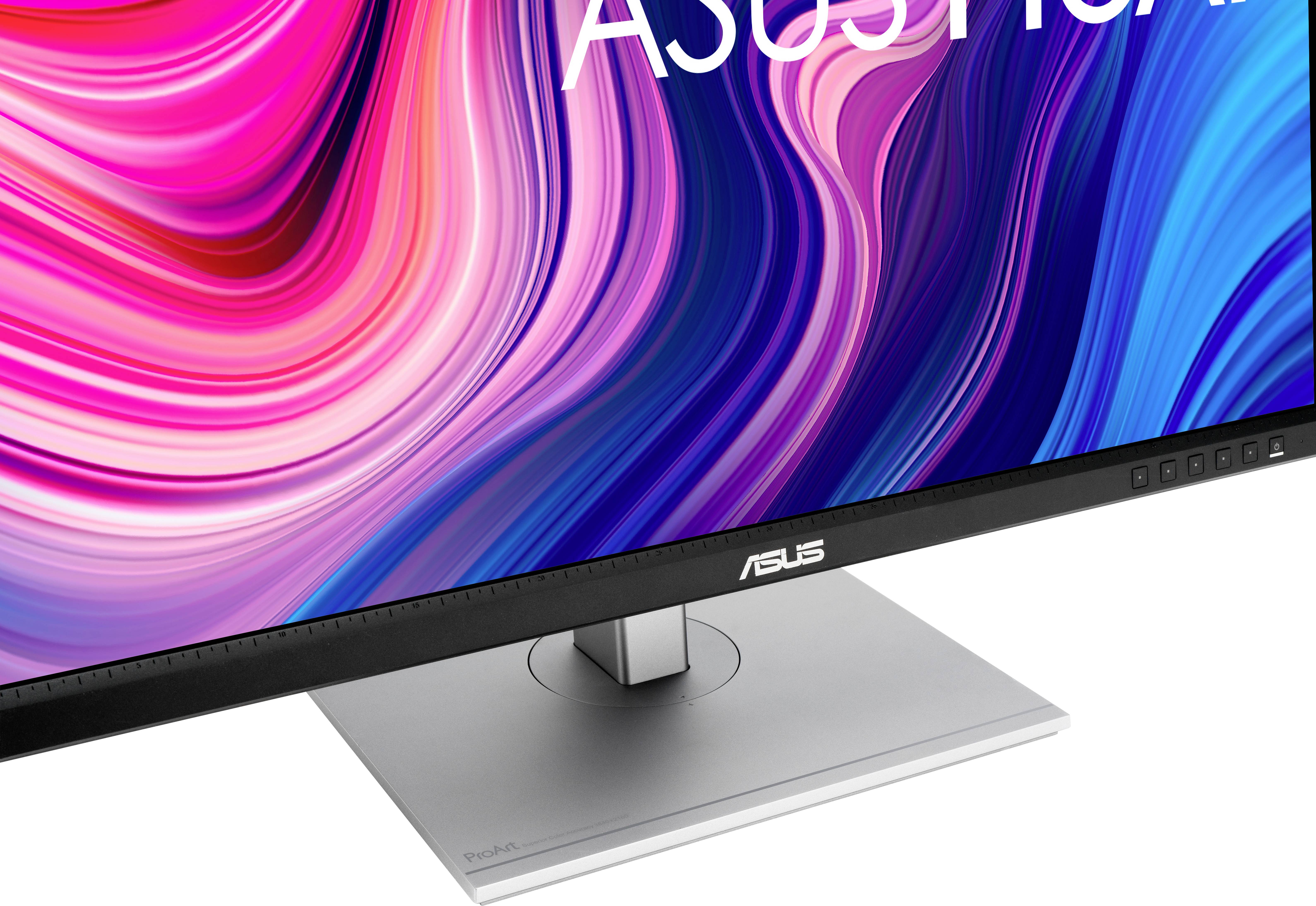 'Asus-Monitor mit farbenfrohem, abstraktem Hintergrundbild.'