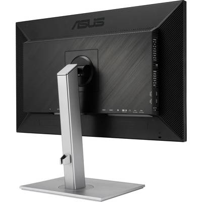 Ein Monitor von hinten, auf einem silbernen Standfuß montiert. Oben ist das Markenlogo zu sehen.