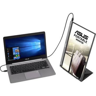 Ein Laptop ist über ein Kabel mit einem tragbaren Monitor verbunden. Der Monitor zeigt das Asus-Logo und das Bild einer Tasche.