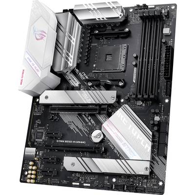 Ein Mainboard mit der Beschriftung 'Strix B550-F Gaming', mehreren Steckplätzen für RAM und Erweiterungskarten und einem markanten Design.