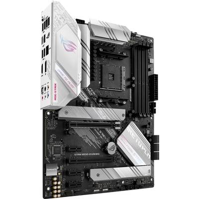 Motherboard mit mehreren Steckplätzen und Anschlüssen, einschließlich PCIe-Slots, RAM-Bänken und verschiedenen externen Schnittstellen.