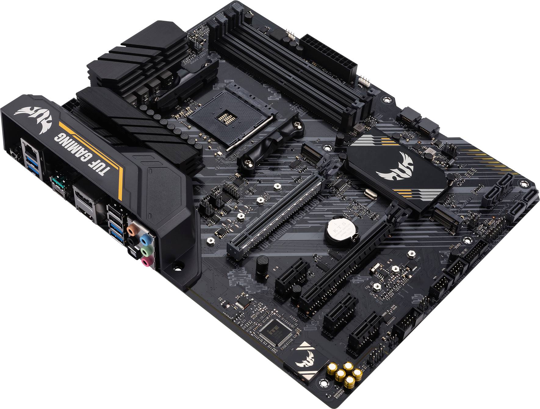 Motherboard mit mehreren Slots und Anschlüssen für Prozessor, RAM und Grafik. Geeignet für Computerzubehör und Gaming.