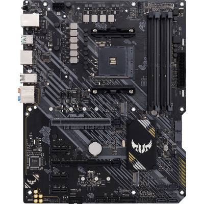 Ein schwarzes Mainboard mit grauen Akzenten, mehreren Steckplätzen und Anschlüssen. Mit Aufschrift 'TUF Gaming B450-Plus'.