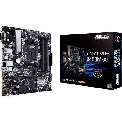 Motherboard ASUS Prime B450M-A II und ihre Verpackung mit Produktinformationen und Aura Sync-Hinweis.