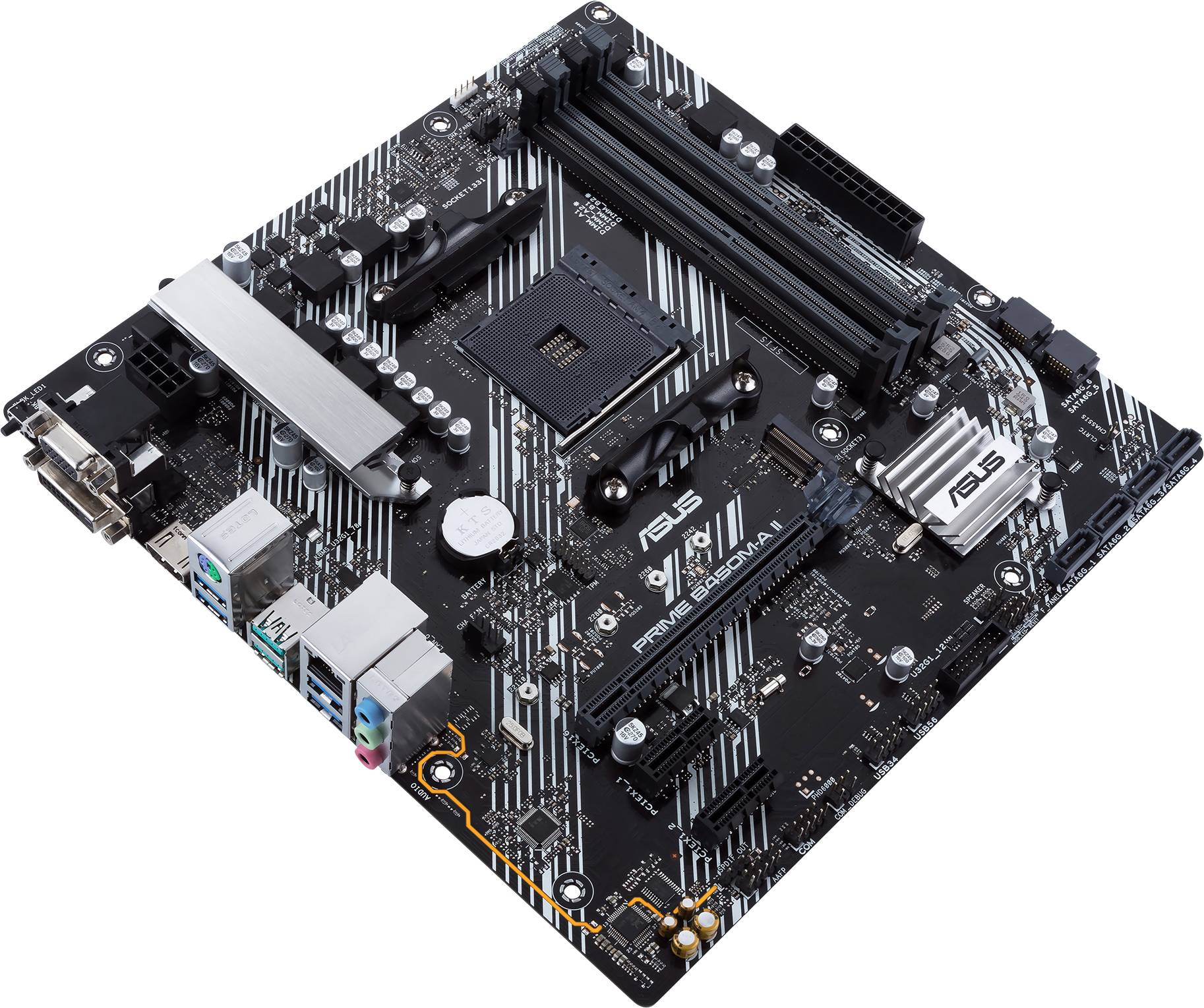 Ein Motherboard mit mehreren Steckplätzen und Anschlüssen, beschriftet mit 'ASUS'. Es zeigt Komponentenschnittstellen und -anschlüsse.