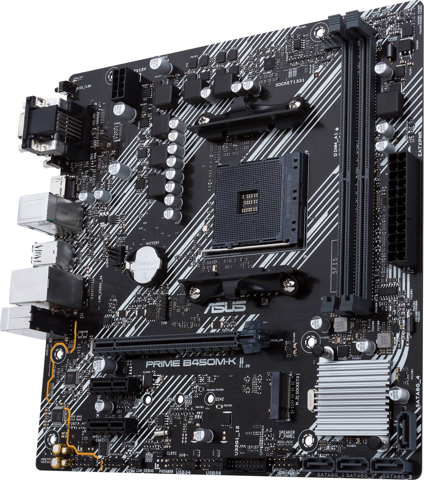 Eine Computer-Mainboard mit "ASUS" und "PRIME B450M-K" Aufschrift, zeigt diverse Anschlüsse und Komponenten, für PC-Bau geeignet.