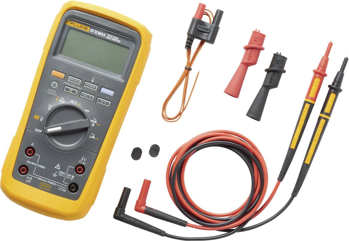 Ein digitales Multimeter mit Display und Einstellrad, umgeben von Messleitungen und Klemmen in verschiedenen Farben.