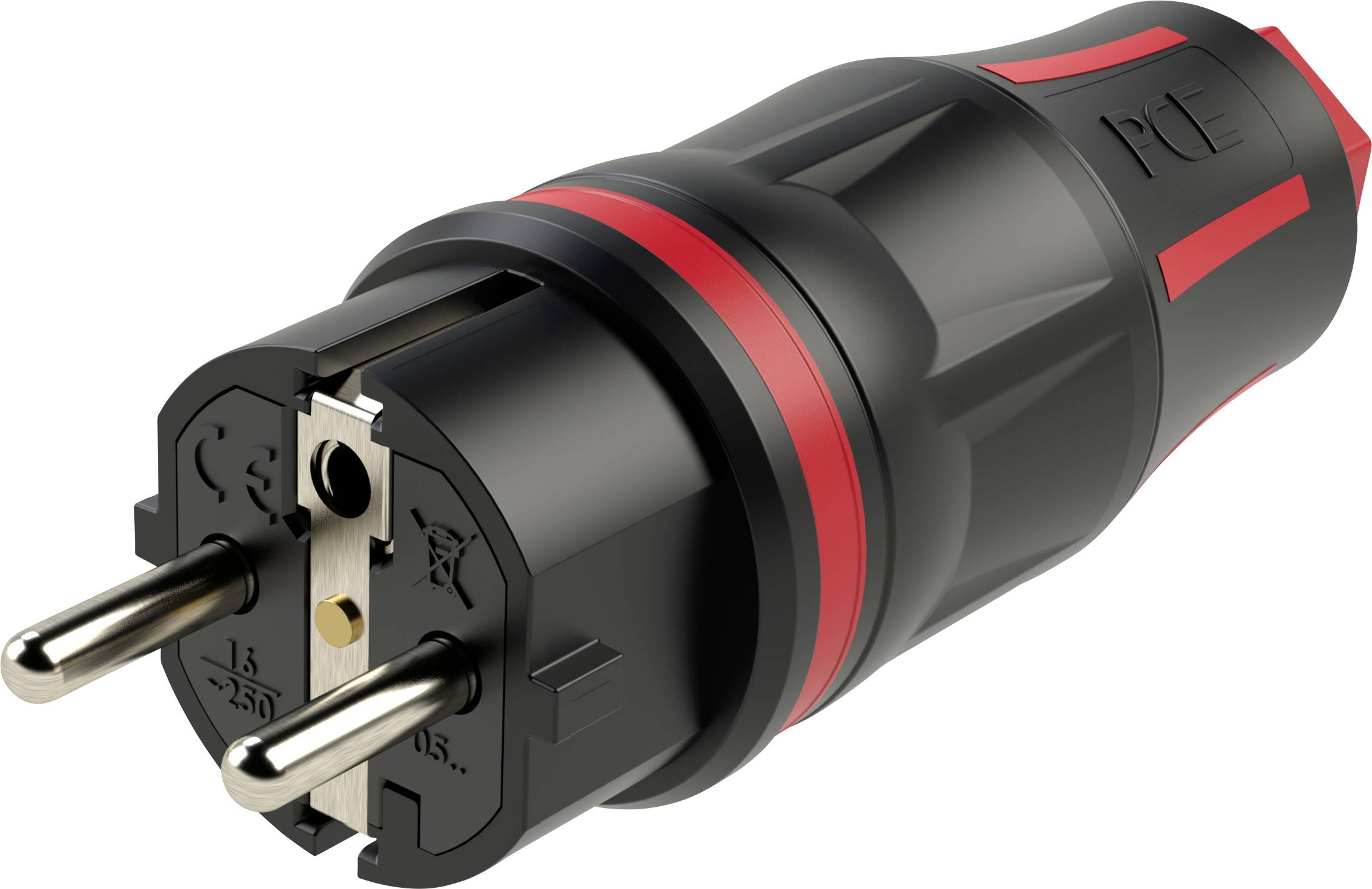 Schwarz-roter Schutzkontakt-Netzstecker (Schuko) mit seitlichen Klammern für die sichere Stromversorgung.