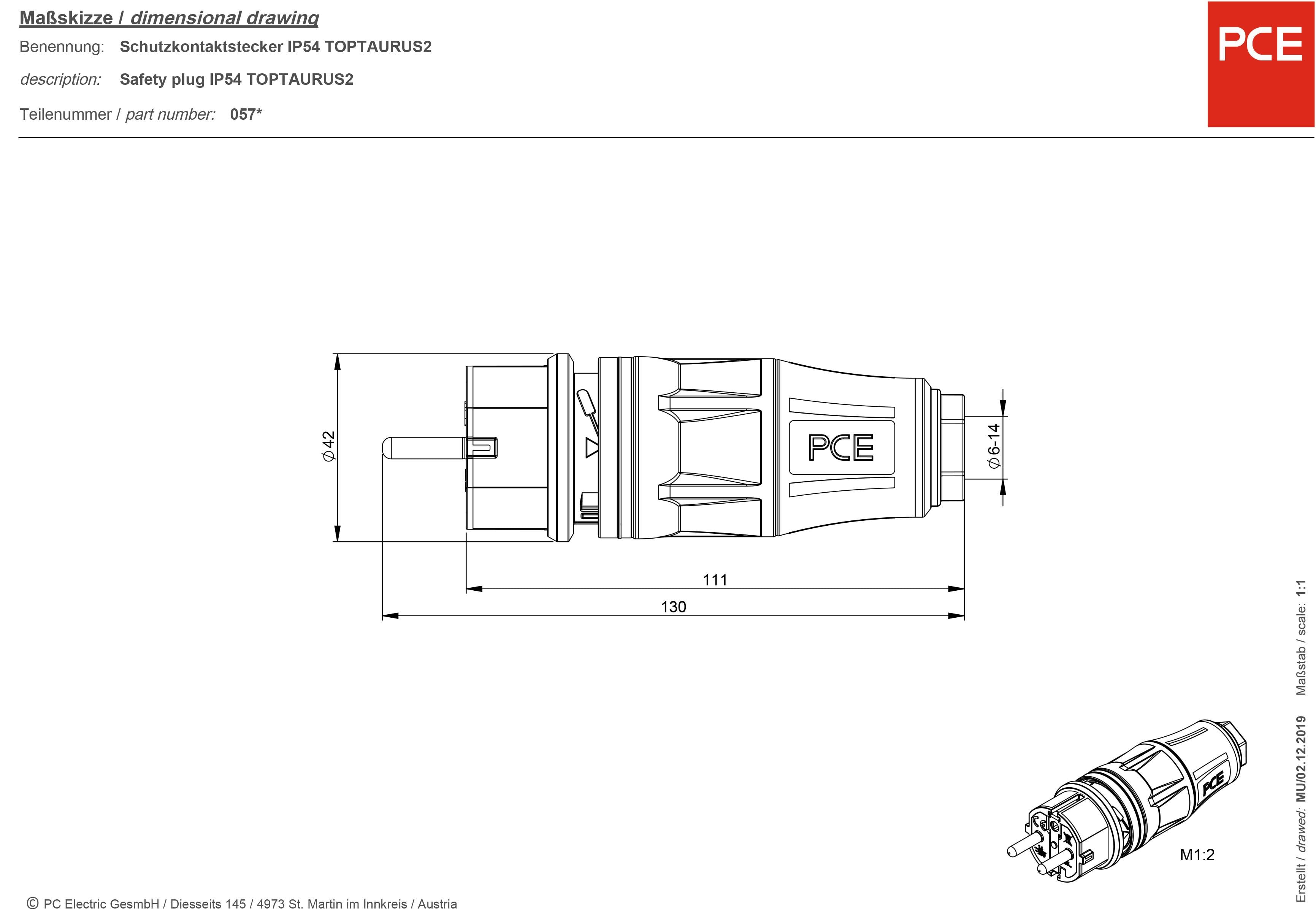 'Bemaßungsskizze eines Schutzkontaktsteckers, Modell IP54 TOPTAURUS2, Länge 130 mm, Durchmesser 64/41 mm.'