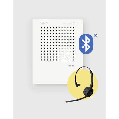Ein weißer Lautsprecher mit Lochmuster und WHD-Logo verbindet sich per Bluetooth mit einem Headset.