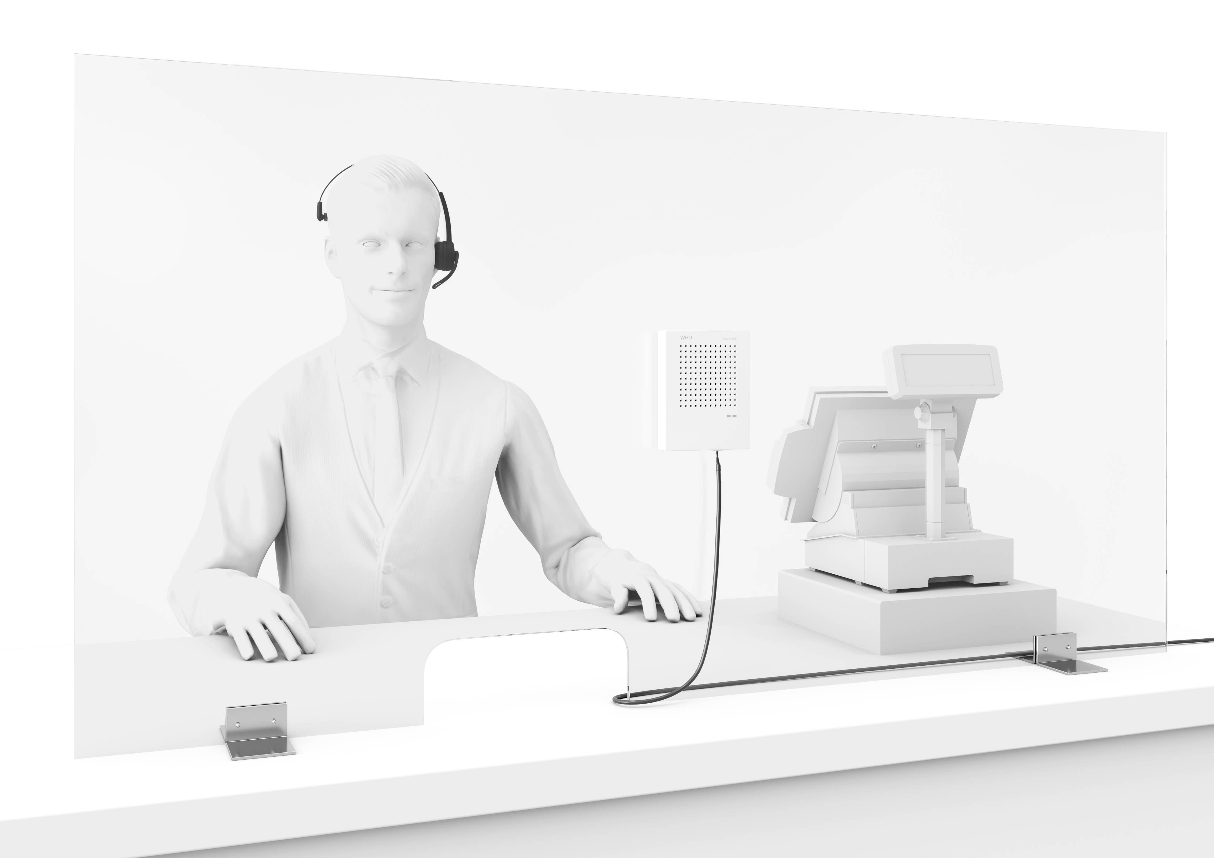 Ein Mann mit Headset sitzt hinter einem Tresen mit einem Kassensystem. Eine durchsichtige Trennwand schützt den Bereich.