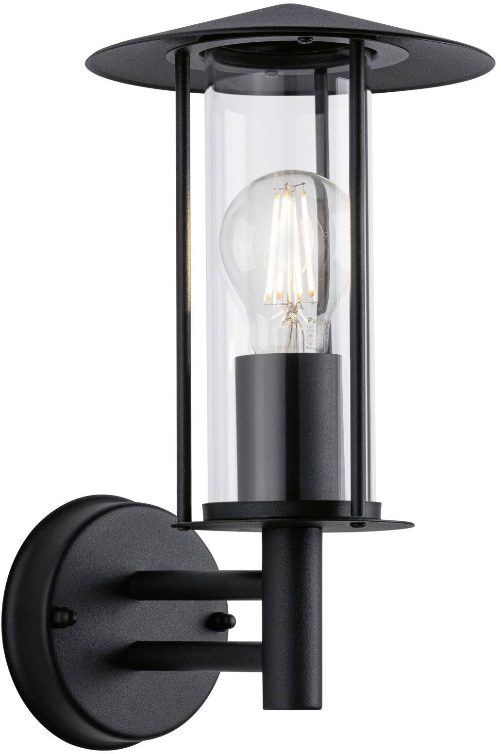 Schwarze Wandleuchte mit glasumhüllter Glühbirne, geeignet für den Außenbereich. Modernes Design und robuste Konstruktion.