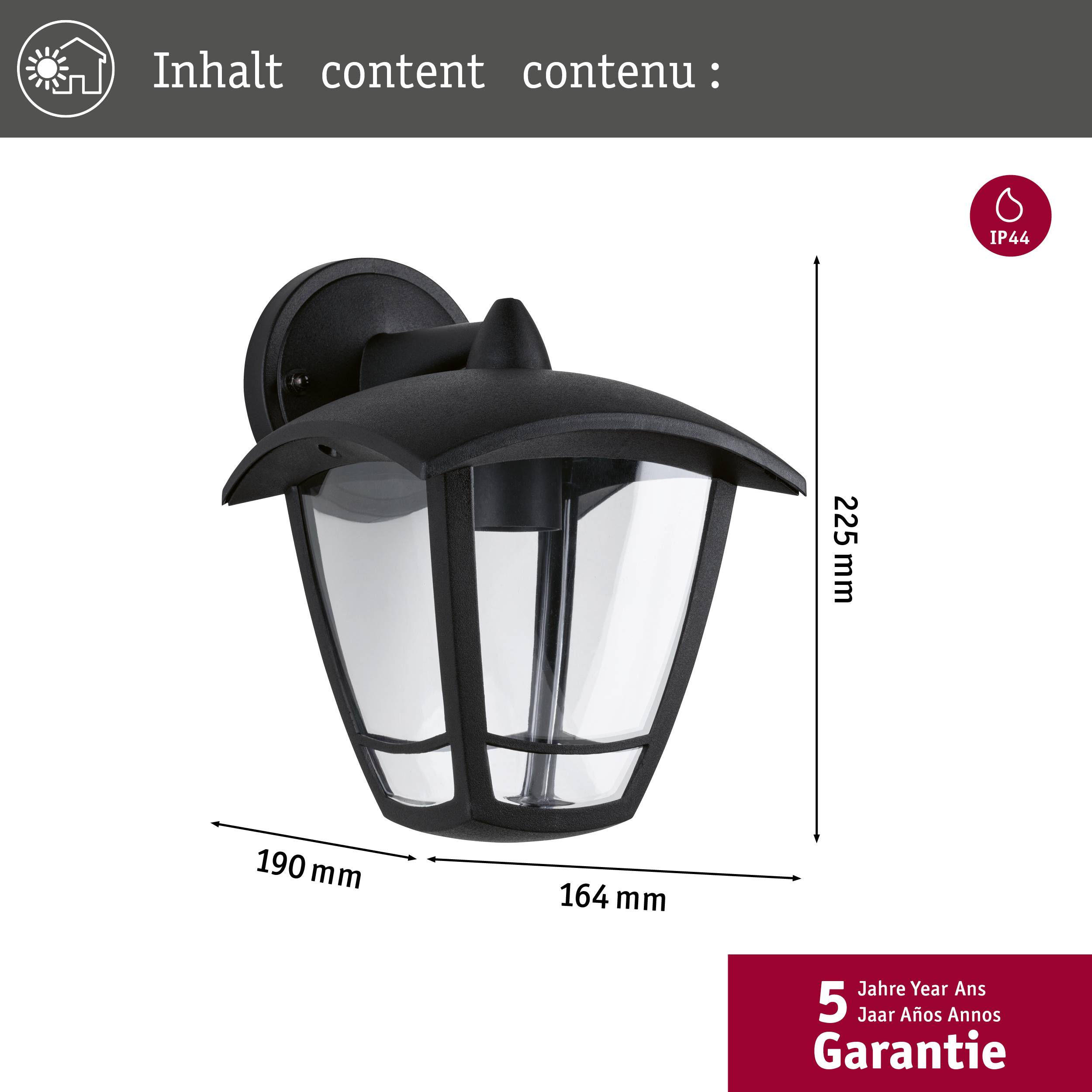 Wandlampe aus schwarzem Metall und Glas, Maße 225 x 190 x 164 mm, mit IP44-Zertifizierung. Fünf Jahre Garantie angegeben.