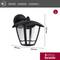 Wandlampe aus schwarzem Metall und Glas, Maße 225 x 190 x 164 mm, mit IP44-Zertifizierung. Fünf Jahre Garantie angegeben.