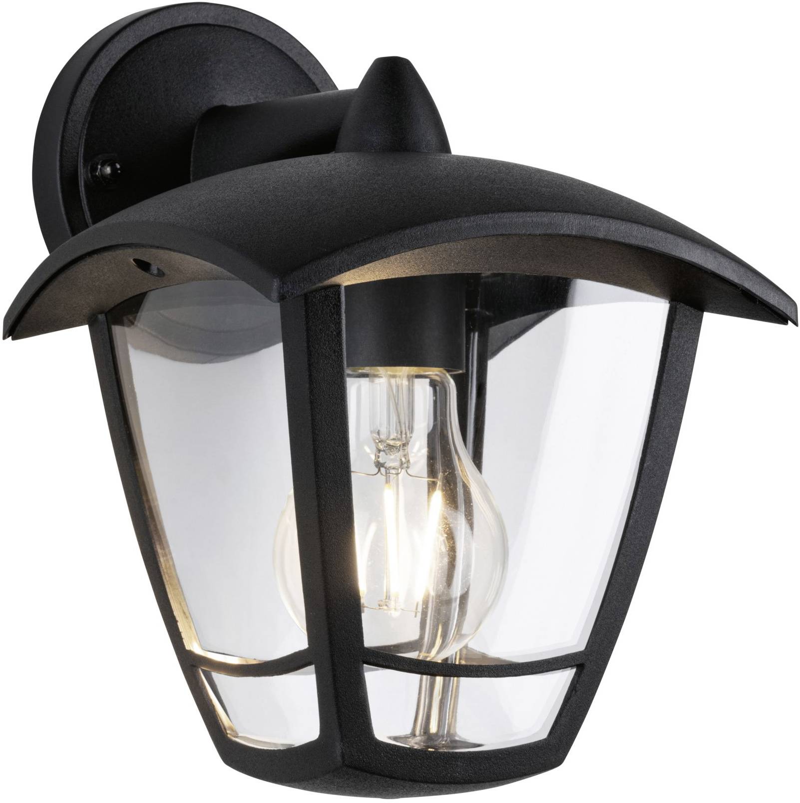 Schwarze Außenwandleuchte mit klarem Glasschirm und sichtbarer Glühbirne strahlt warmes Licht aus. Geeignet für Außenbereiche.