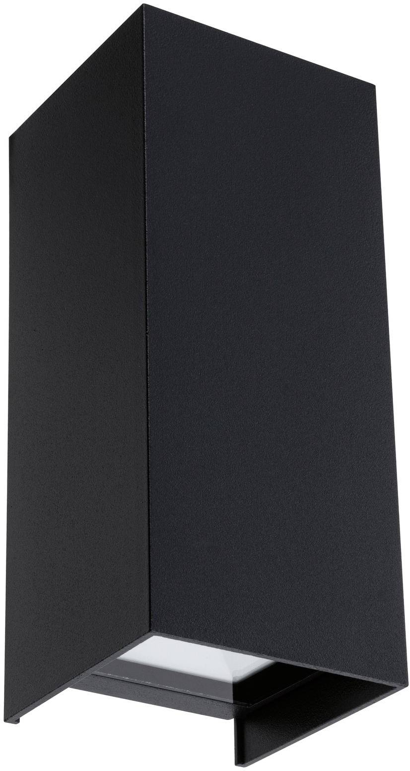 Schwarze, rechteckige Außenlampe mit modernem Design; strahlt nach unten. Ideal für Terrassen- oder Gartenbeleuchtung.