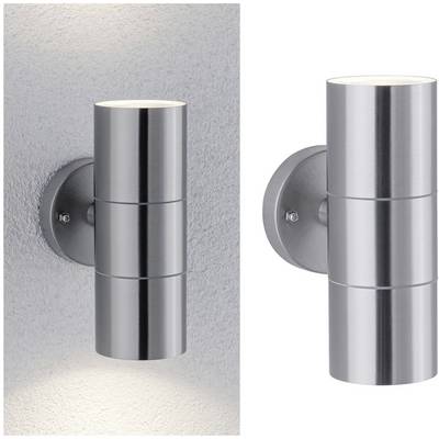 Zwei silberne Wandleuchten mit zylindrischem Design. Eine zeigt Lichtstrahlen nach oben und unten an einer grauen Wand.