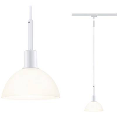Weiße Pendelleuchte mit gewölbtem Lampenschirm aus Glas, hängend an einem langen Kabel. Ideal für moderne Inneneinrichtung.