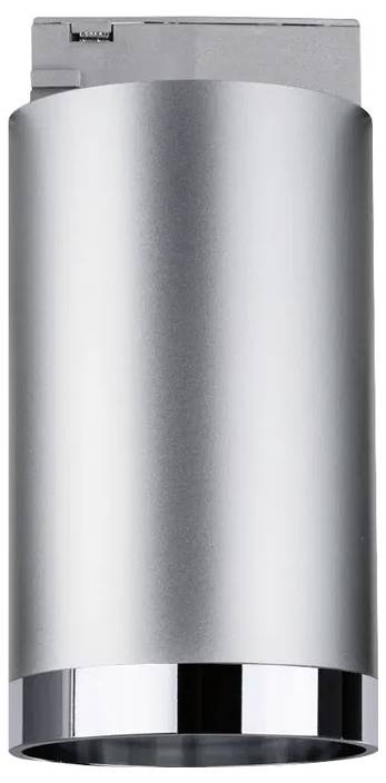 Silberne zylindrische Deckenleuchte mit einem eleganten, modernen Design und glatter Oberfläche, geeignet für Innenbeleuchtung.