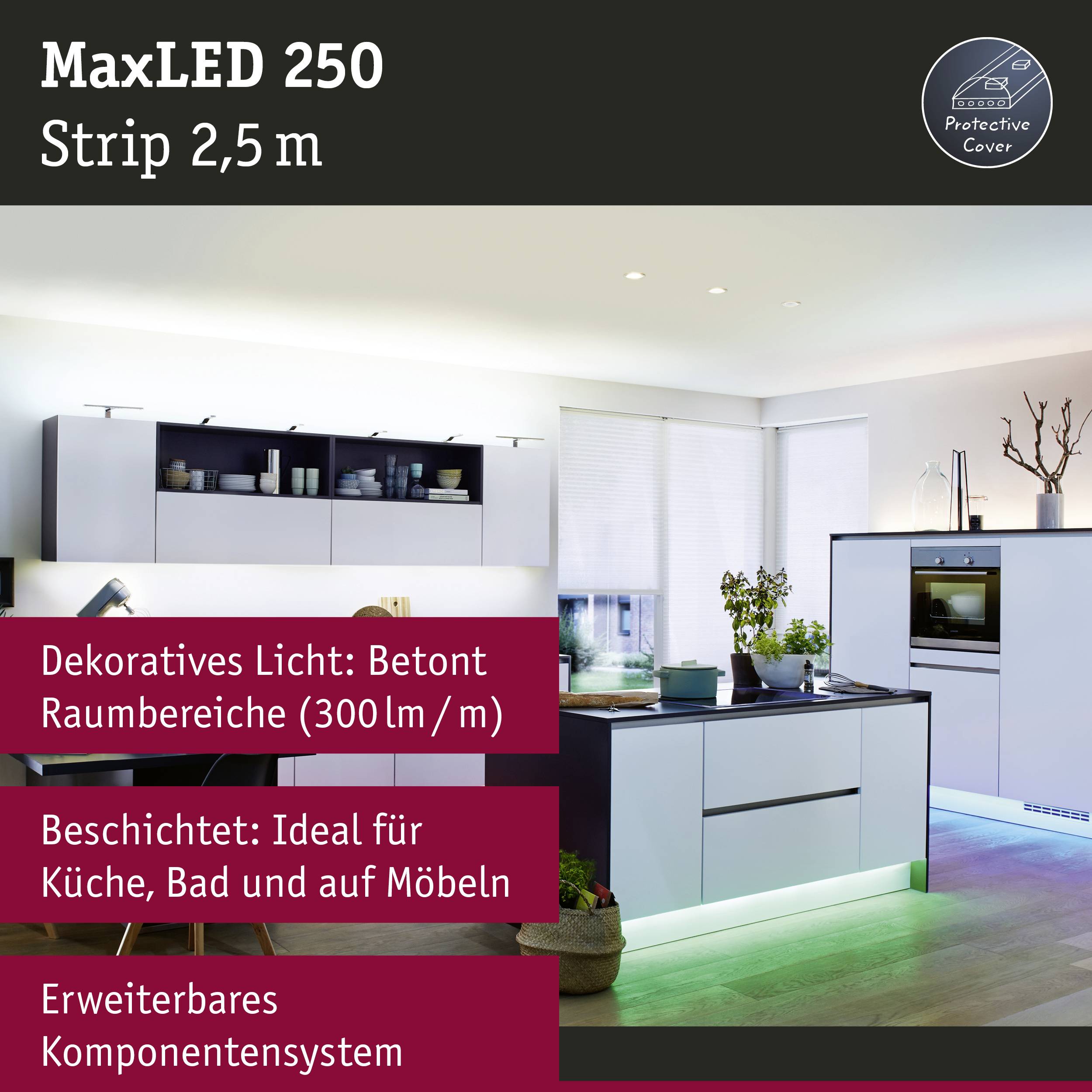 'MaxLED 250 Strip 2,5m' in modernem Wohnzimmer. Bietet dekoratives Licht (300 lm/m), betont Raumdetails. Innen, auf Möbeln.