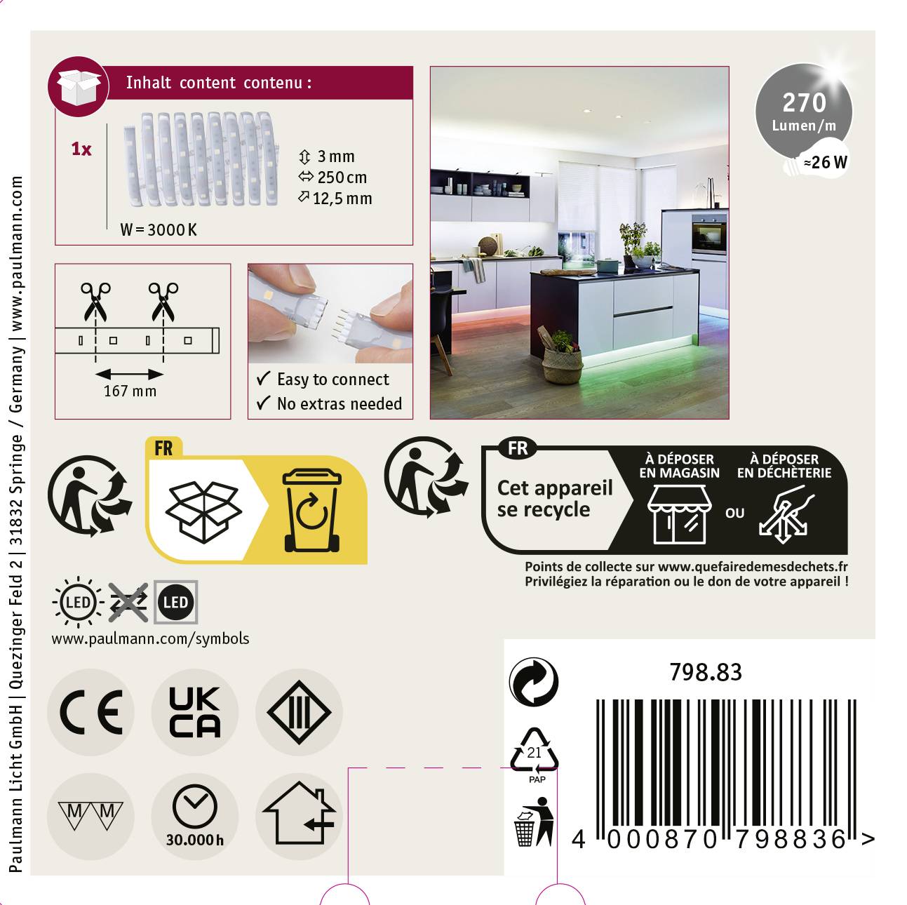 'LED-Streifen, 270 Lumen, 3000K, Länge 3,5m, Breite 1,2cm. Einfach zu verbinden. Enthält 1x LED-Streifen. Recycling-Symbole unten.'