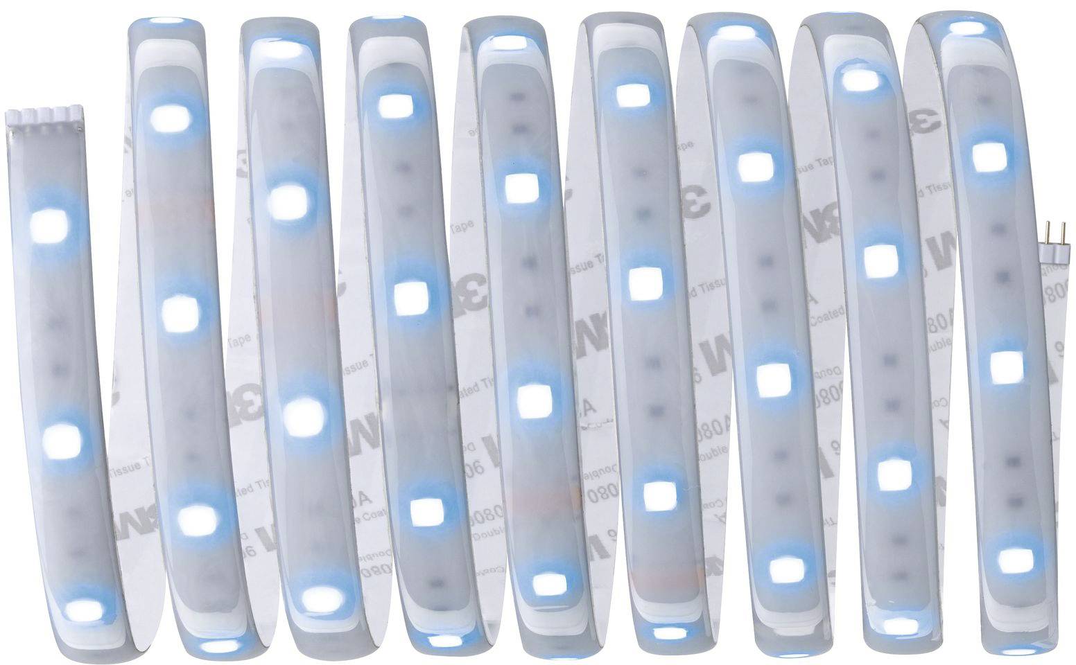 LED-Lichtstreifen mit blauer Umrandung und leuchtenden weißen Segmenten. Röhrenförmige Anordnung auf hellem Hintergrund.